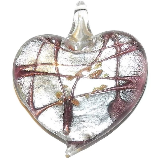 P1253 Purple Swirl Silver Foil w Gold Sparkle 45mm Heart Lampwork Glass Pendant