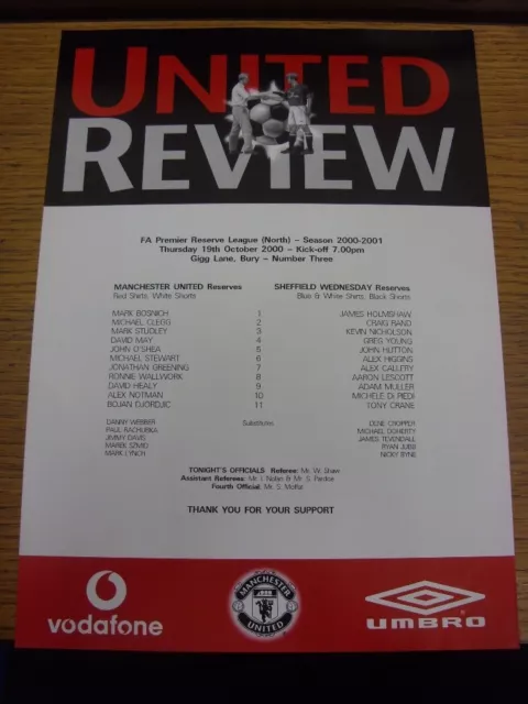 19/10/2000 Manchester United Reserves v Sheffield Wednesday Reserves [At Bury] (
