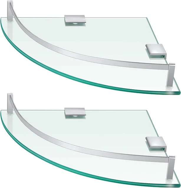 2 Pcs Glass Corner Shelf Stainless Steel Bathroom Glass Shelf Floating Tempered