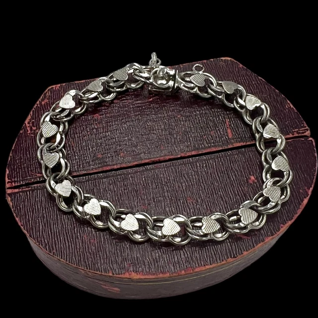 Antico Vintage Medio Secolo Argento Sterling Cuore Vuota Fascino Bracciale 15.2g