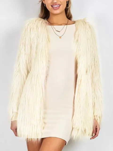 Giacca donna cappotto pelliccia ecologica sintetica beige lunga morbida calda