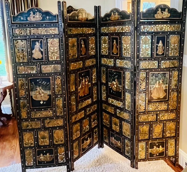 Atq 20th Century India 4-Panel Hand Painted-Carved Teak Wood Screen/Room Divider