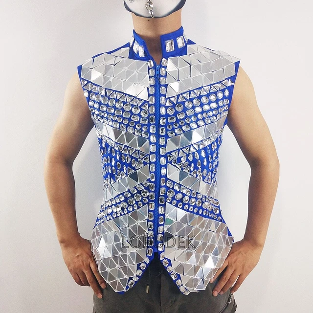 Costume performance gilet uomo strass specchio paillettes giacca cantante palcoscenico