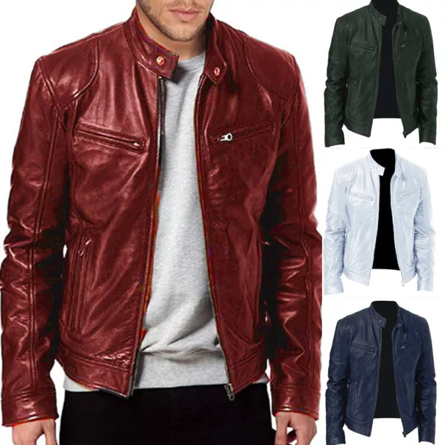 Veste En Cuir Rétro Pour Homme Col Montant De Moto Manteau De Motard《