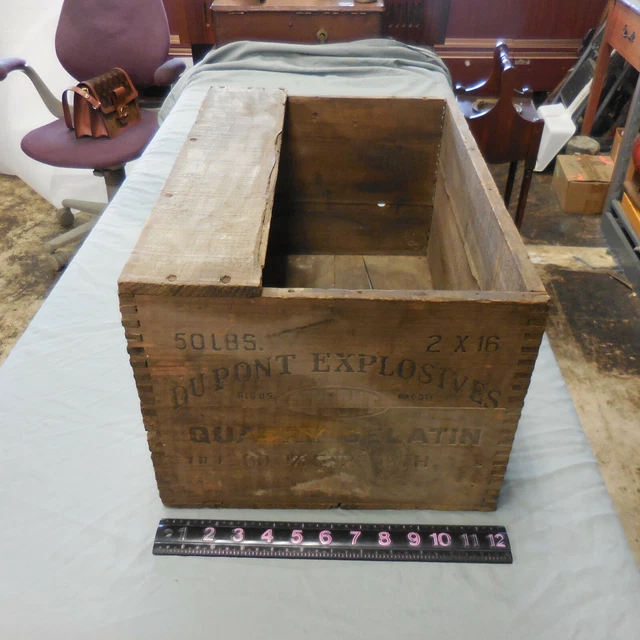 Vintage DUPONT Explosives Wooden Box Dove-Tailed Corners Old Wood Crate 18x12x9"