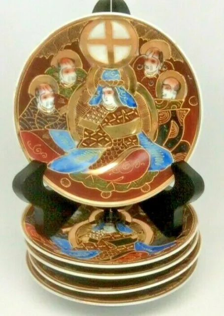 Satsuma 5 Saucers Hand Painted Immortals  Moriage Japan Fairy Land China