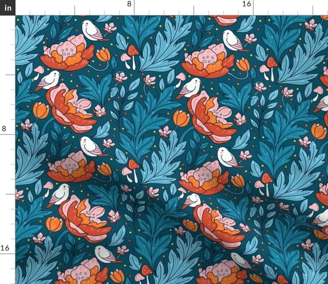 Art Nouveau Teal Bird Flower Floral Japanese Rose Spoonflower Fabric by the Yard