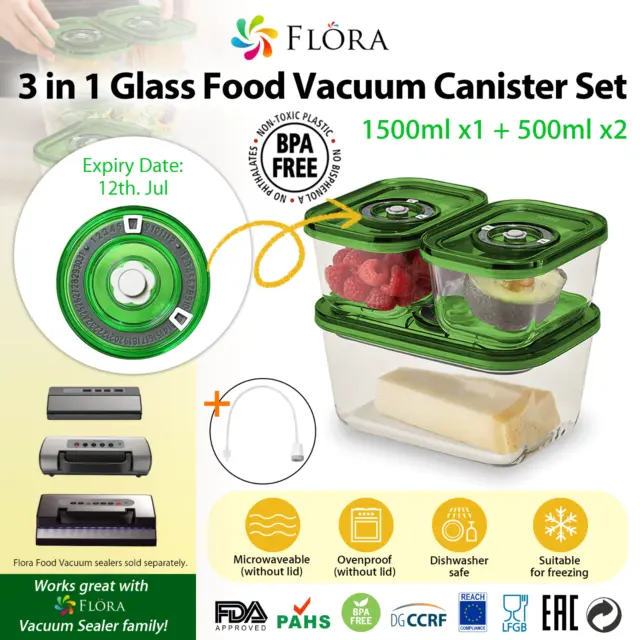 Flora 3 in 1 Glass Food Vacuum Canister Container 0.5L x2 & 1.5L x1 Set BPA Free