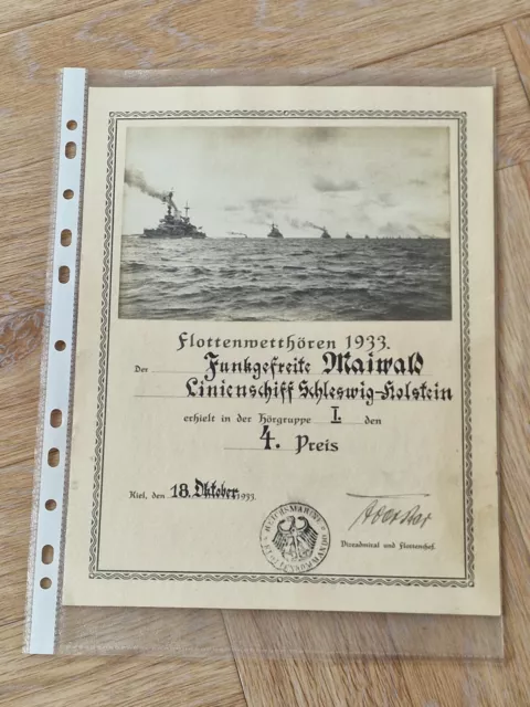 Urkunde Linien Schiff Schleswig-Holstein 1933 Original Foto Kiel Marine  Nr 1/3