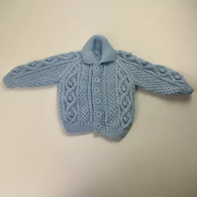 Hand Knit Baby Cardigan Sweater. Unsized. Blue With Buttons Vintage Cableknit