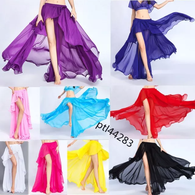 Belly Dance Side Slit Skirt 3 Layer Chiffon Gypsy Jupe Skirt Flamenco Long Skirt