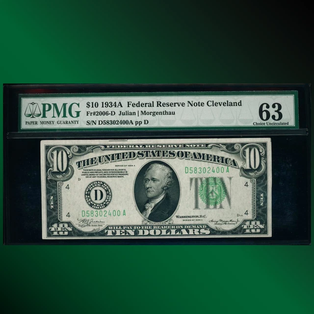 FR.2006 1934A $10 Ten Dollars Federal Reserve Note Cleveland, PMG 63, 02400