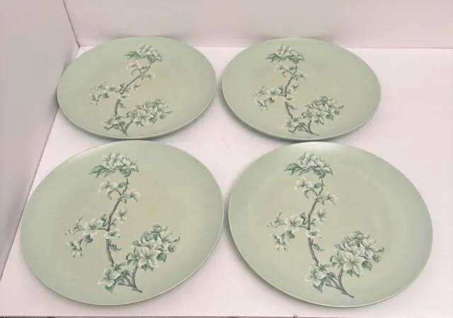 Boonton Ware Melmac Melamine Dinner Plates Somerset White/Green Flowers,    4 pc