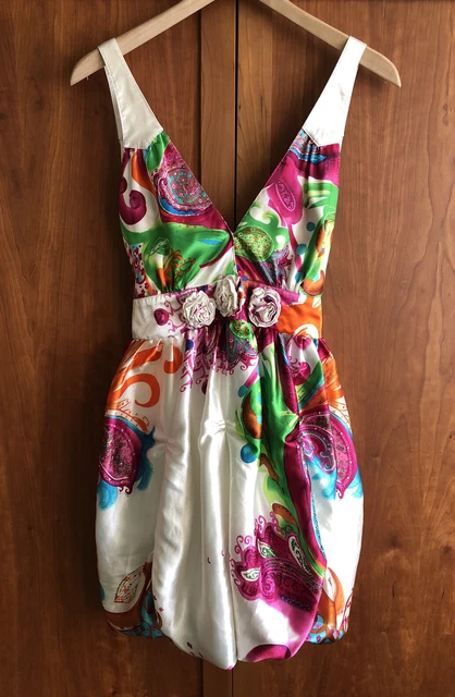 AX Paris Silky Floral Party Dress Size 10 Deep V Tie-Bow Bubble Hem Flowers VGC