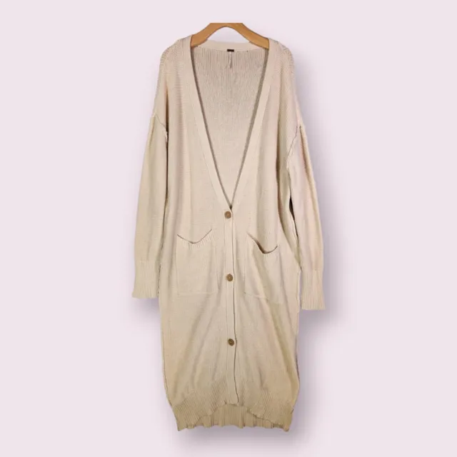 Free People Beach Beige Knit Long Maxi Duster Cardigan Sweater SMALL Pockets
