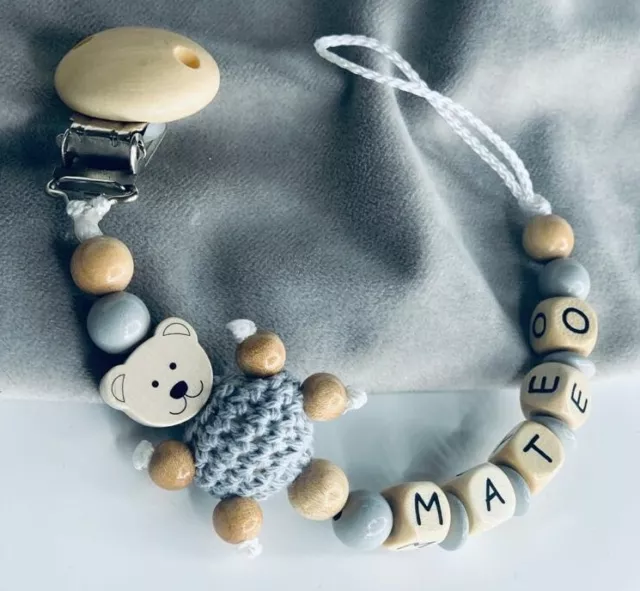 Schnullerkette mit Namen ★ Teddybär In Grau Holz personalisierte Baby Geschenk