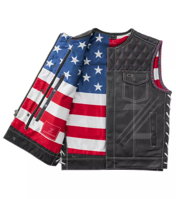 Men's Cowhide Leather Biker Ride Vest Diamond Quilted Motorcycle Flag Print Vest