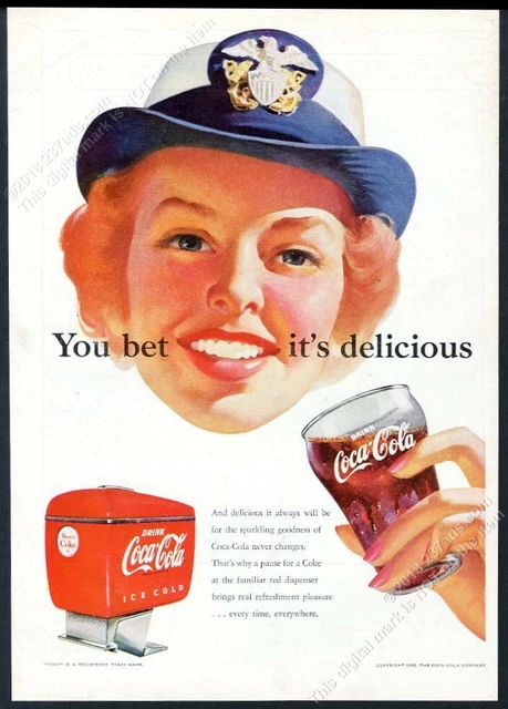 1952 US Blu Navy Onda Onde Donna Arte Coke Coca Cola Vintage Stampa Ad
