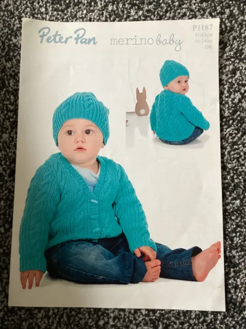 Peter Pan P1187 Baby Cardigan Hat Knitting Pattern DK 16-24”