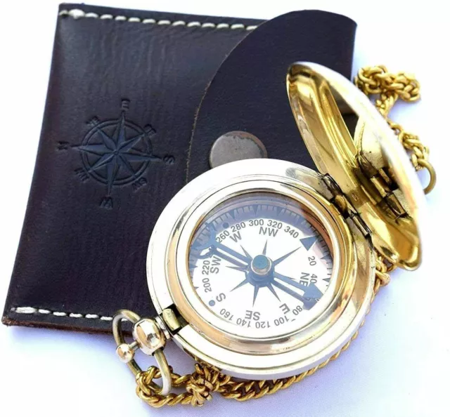 Nautische Vintage Kompass-Tasche aus massivem Messing in einem schwarzen...