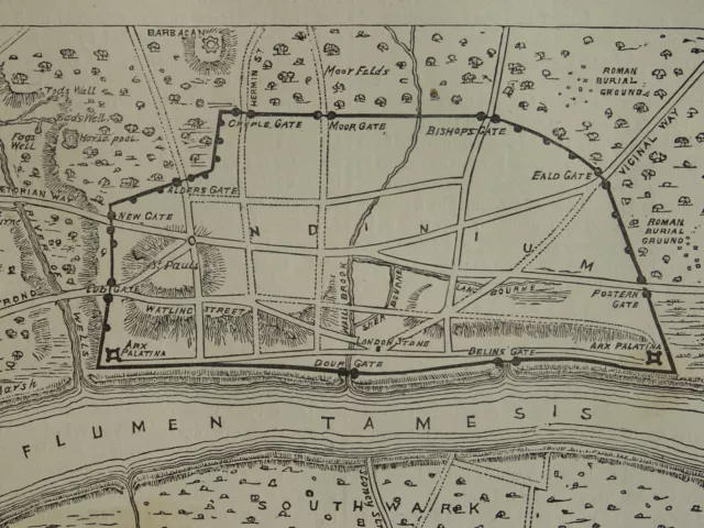 LONDRA FIUME TAMIGI & PIANO DI LONDRA ROMANA stampa vittoriana originale 1878