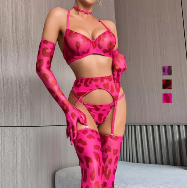 2023 new sexy wild woman pink leopard lingere dress with stocking and gloves hot
