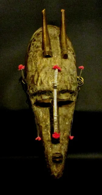 Vintage African Wood Mask Marka Mali Bonhams Brass Hammered Pompom Facemask 20"