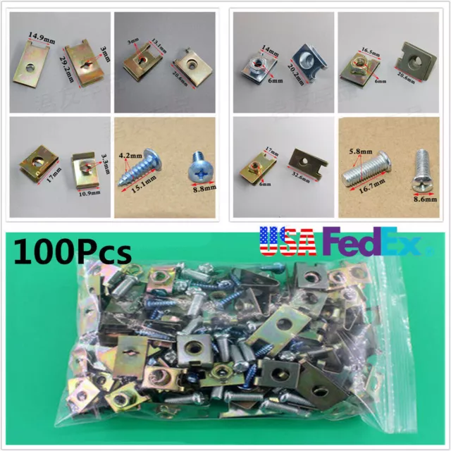 100Pcs Metal Car Door Fender Panel Screw Fastener Clips U-Type Gasket Mixed Pack