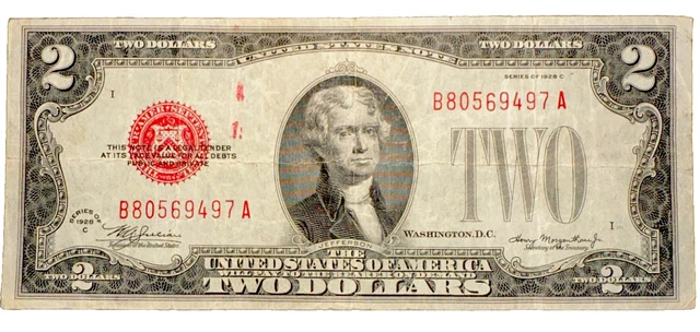 1928-C $2 *Red Seal* Small United States Note "VF++"
