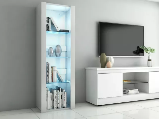 LED Gloss Tall Display Cabinet - Glass Shelf, Cupboard, Sideboard, Free Standing