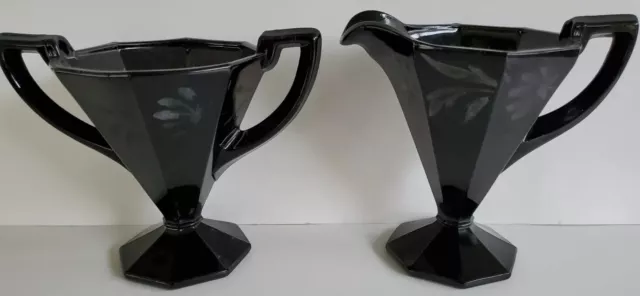 Art Deco Black Glass Creamer and Sugar Set
