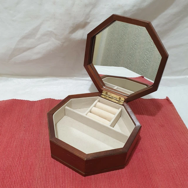 Solid  Wood  Vintage Style Jewellery Box    fully lined inside  8 SIDED +mirror