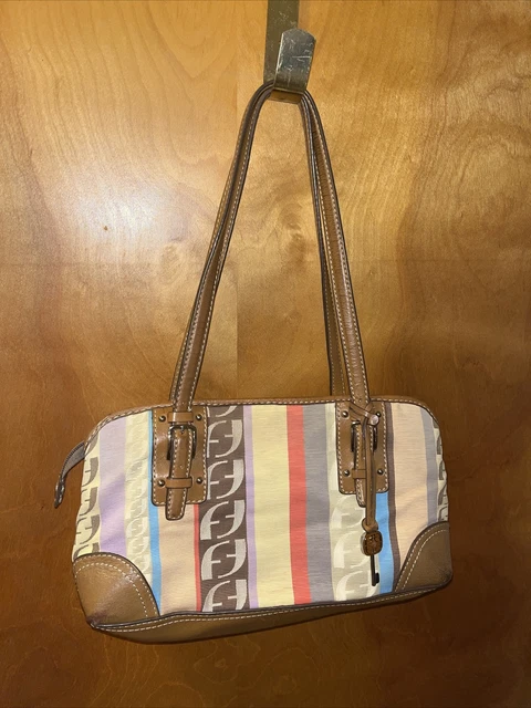 FOSSIL Leather Bag Patchwork Stripe Purse Suede Textile Logo