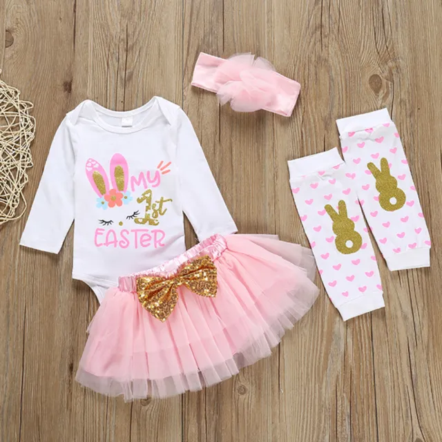 Newborn Infant Baby Girl My 1st Easter Rabbit Bunny Romper Skirt Outfits 4pcs UK