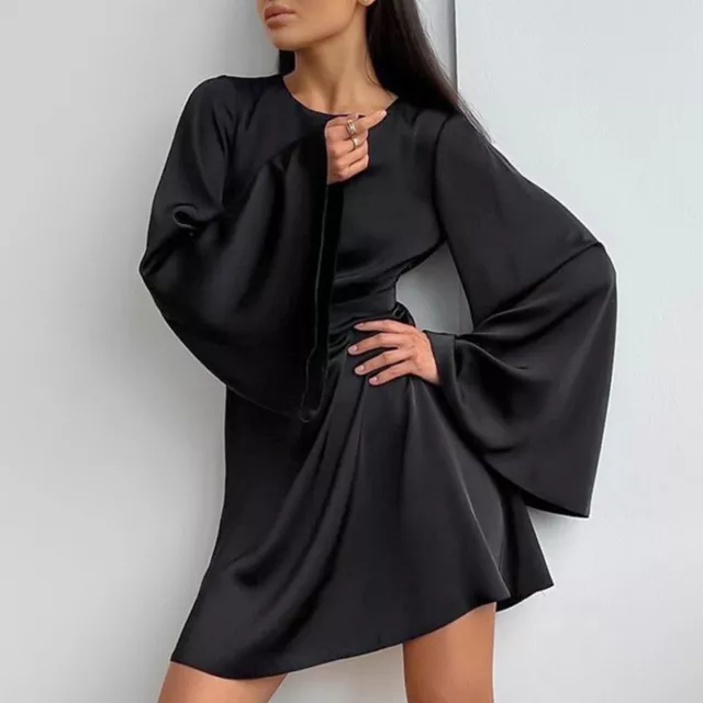 Womens Sexy Satin Long Flare Sleeves High Waist Slim Fit Fashion Party Dress