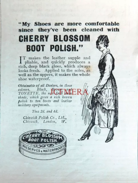 CHERRY BLOSSOM WW1 Boot & Shoe Polish Advert - Original Antique 1916 Print