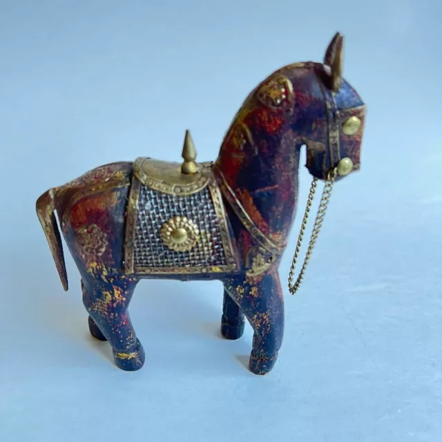 Antique Fine Hand Carved Brass Work Wooden Horse Statue Figurine Sculpture