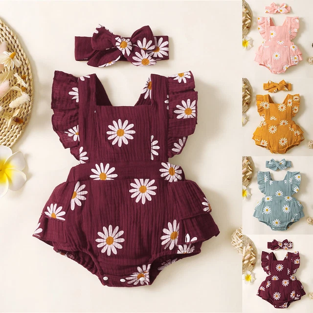 Newborn Baby Girls Daisy Summer Outfits Flying Sleeve Romper Dress Headband Set