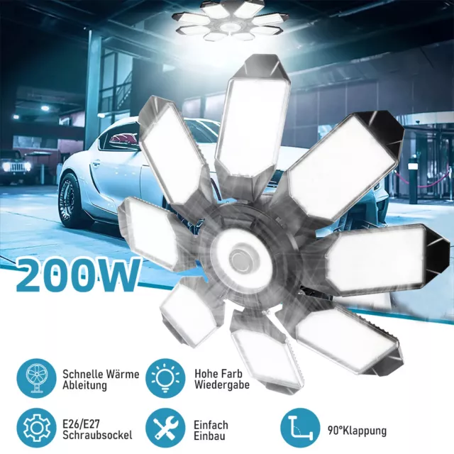 200W LED Garagenleuchte Werkstattlampe Hallenbeleuchtung Flutlicht 8+1 Panel E27