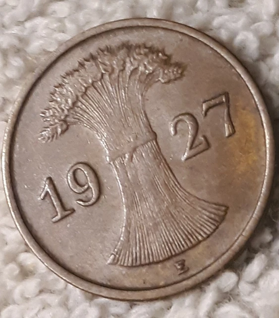 1927 E  1 Pfennig  ~ Germany Bronze Penny ~ German 1pf. Coin 2