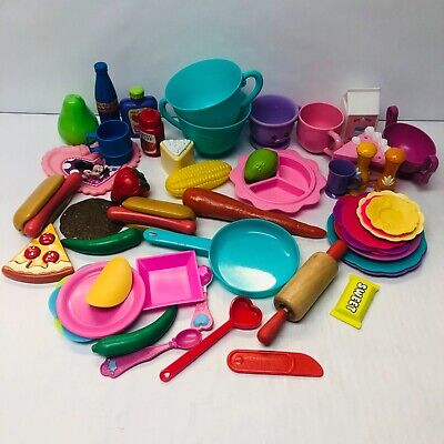 Play Food & Dishes Lot Pretend Play Kitchen Toys Plates Cups Hot Dogs Pizza