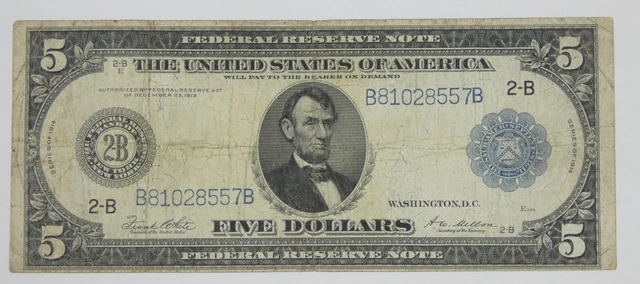 BARGAIN Series 1914 Large Size Blue Seal $5 Fed Res Note 2-B NY FINE Fr#851