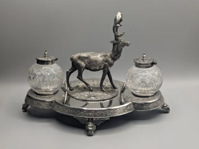 James Dixon & Sons Sheffield Silver Plate Inkstand - Mounted Stag, Glass Inkwell