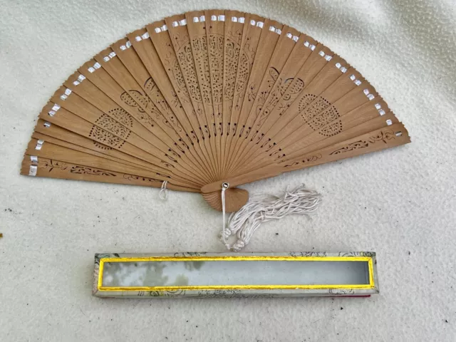 Vintage Bamboo Hand Fan Ornate Pattern Boxed