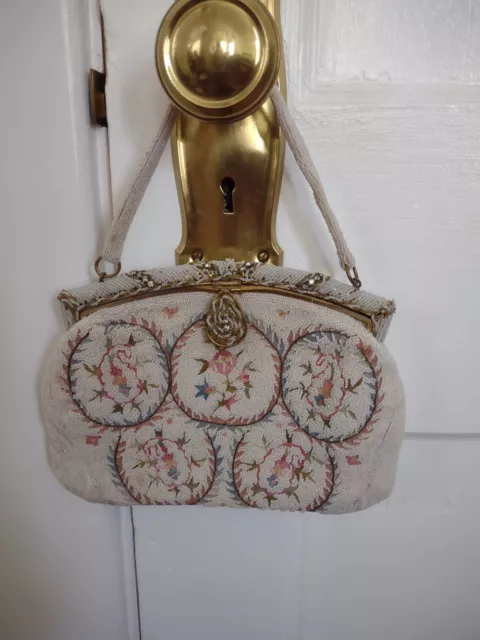 Vintage / Antique Micro Beaded Floral Embroidery Made In France Evening Bag