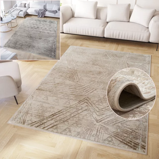 Teppich Kurzflor Braun Grau Linien Verwischt 3D Effekt Wohnzimmer Schlafzimmer