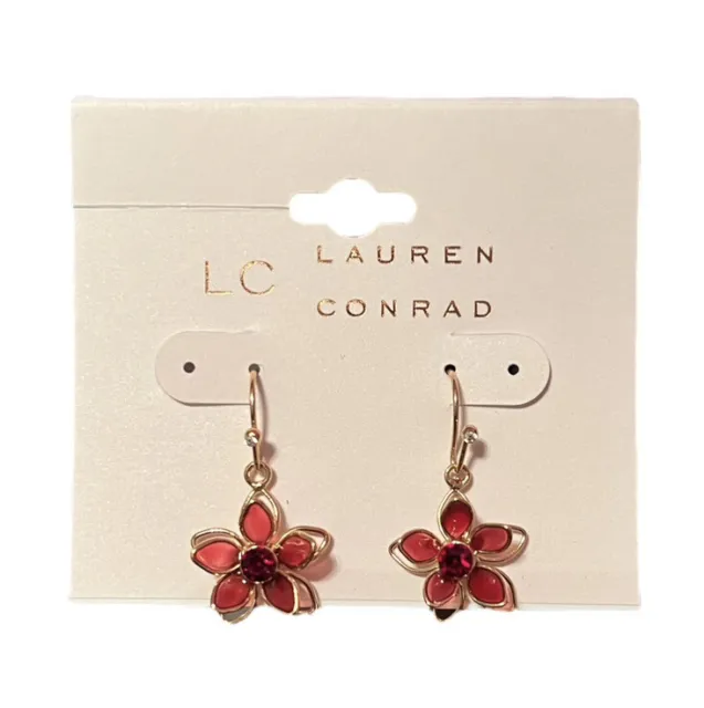 LC Lauren Conrad Gold Tone Red Rhinestone Flower Dangle Earrings NWT