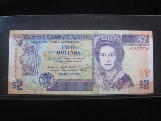 BELIZE $2 DOLLARS 1990 AA PREFIX P52a QUEEN ELIZABETH II 7988# BANKNOTE MONEY