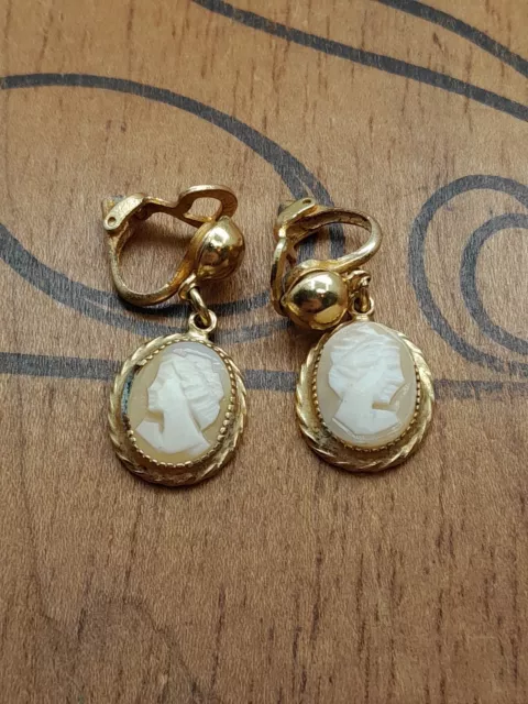 Vtg Real Carved Cameo Dangle Clip Earrings -Buy3ShipFree