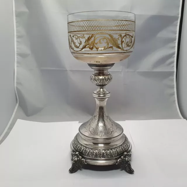 alter Historismus Kelch / Pokal Glas & Silber 800 punziert ~1890 h: 34 cm